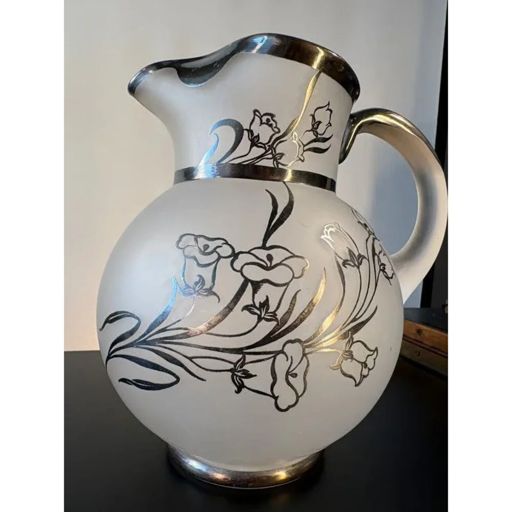 Frosted White Glass Pitcher Silver Overlay Floral Vintage